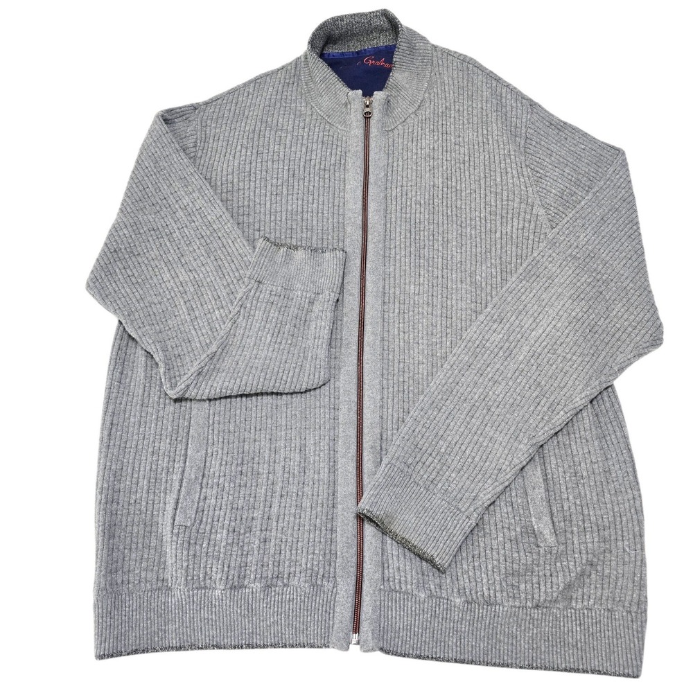 Robert Graham Men's Grey Ribbed Full Zip Knit Sweater Jacket Size 2XL